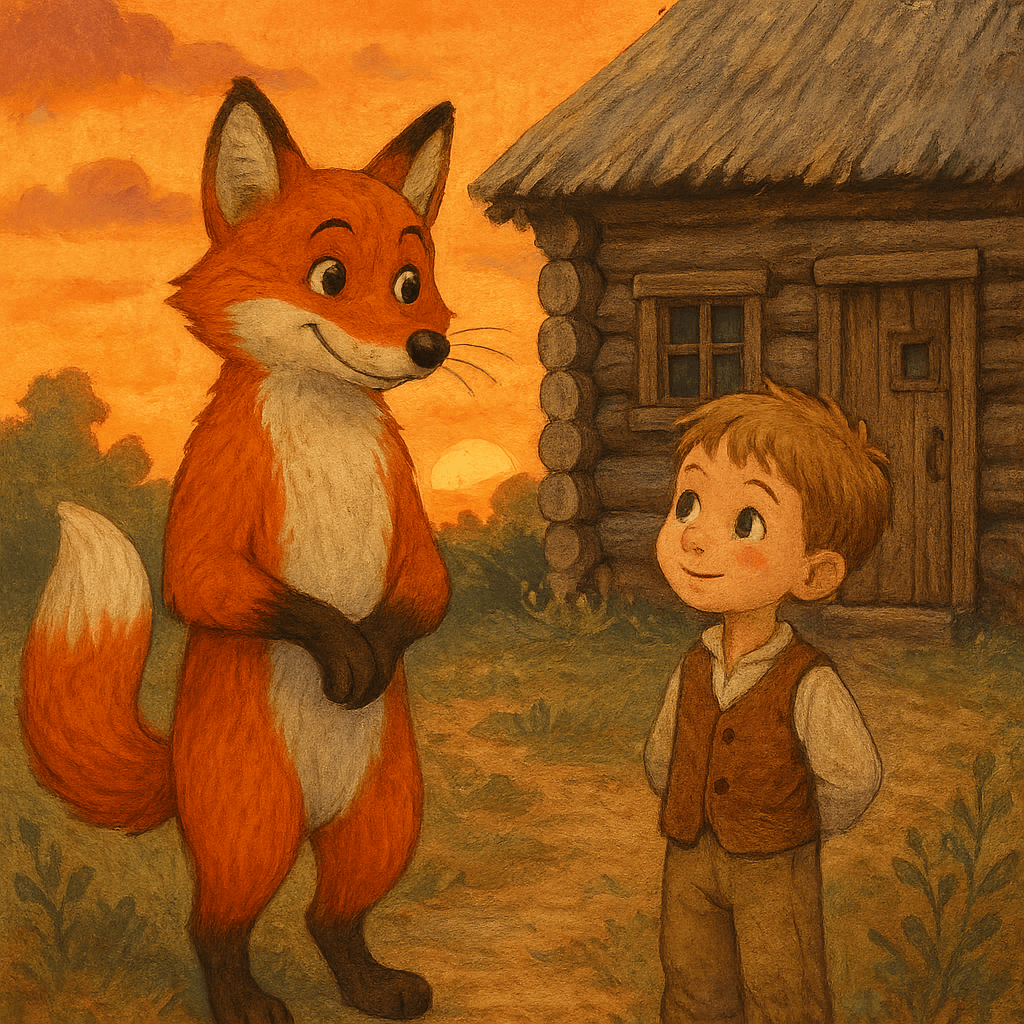 Братец Лис у хижины, мальчик рядом, закат
