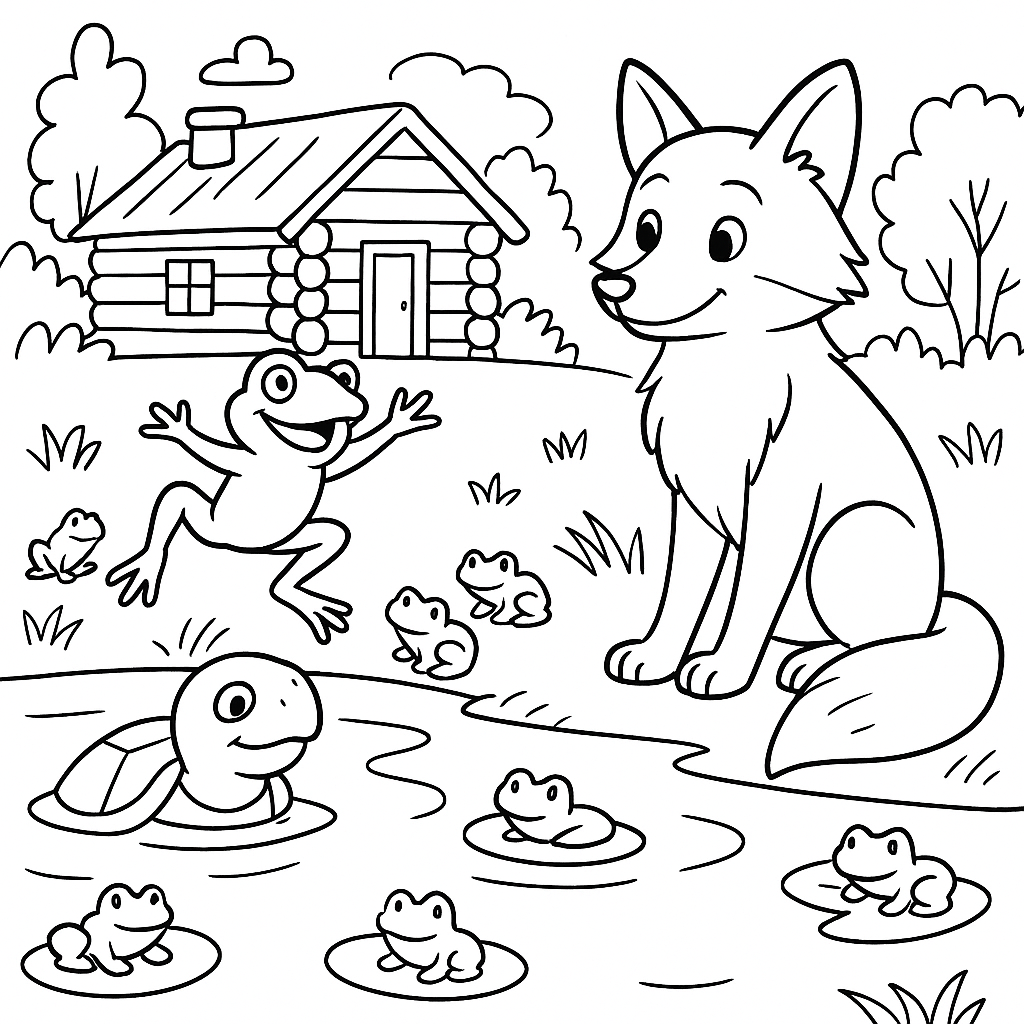 Раскраска по сказке "Братец лис и лягушки"