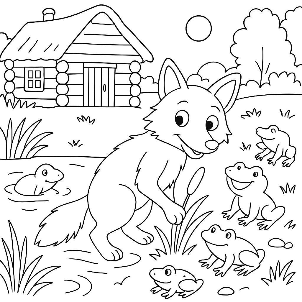 Раскраска по сказке "Братец лис и лягушки"