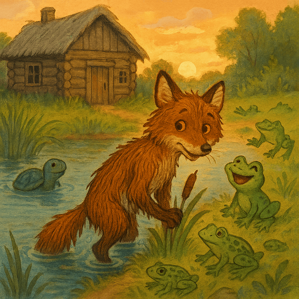 Мокрый Лис выбирается из пруда, смеющиеся лягушки