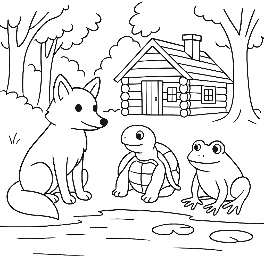 Раскраска по сказке "Братец лис и лягушки"