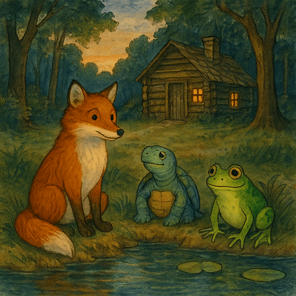 Братец Лис, Черепаха и лягушки у пруда на фоне хижины, вечерний лес, стиль английской сказочной иллюстрации для детей, атмосфера волшебства.