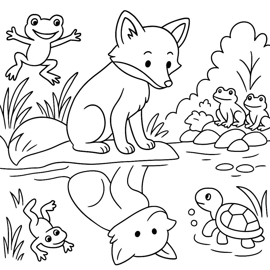 Раскраска по сказке "Братец лис и лягушки"