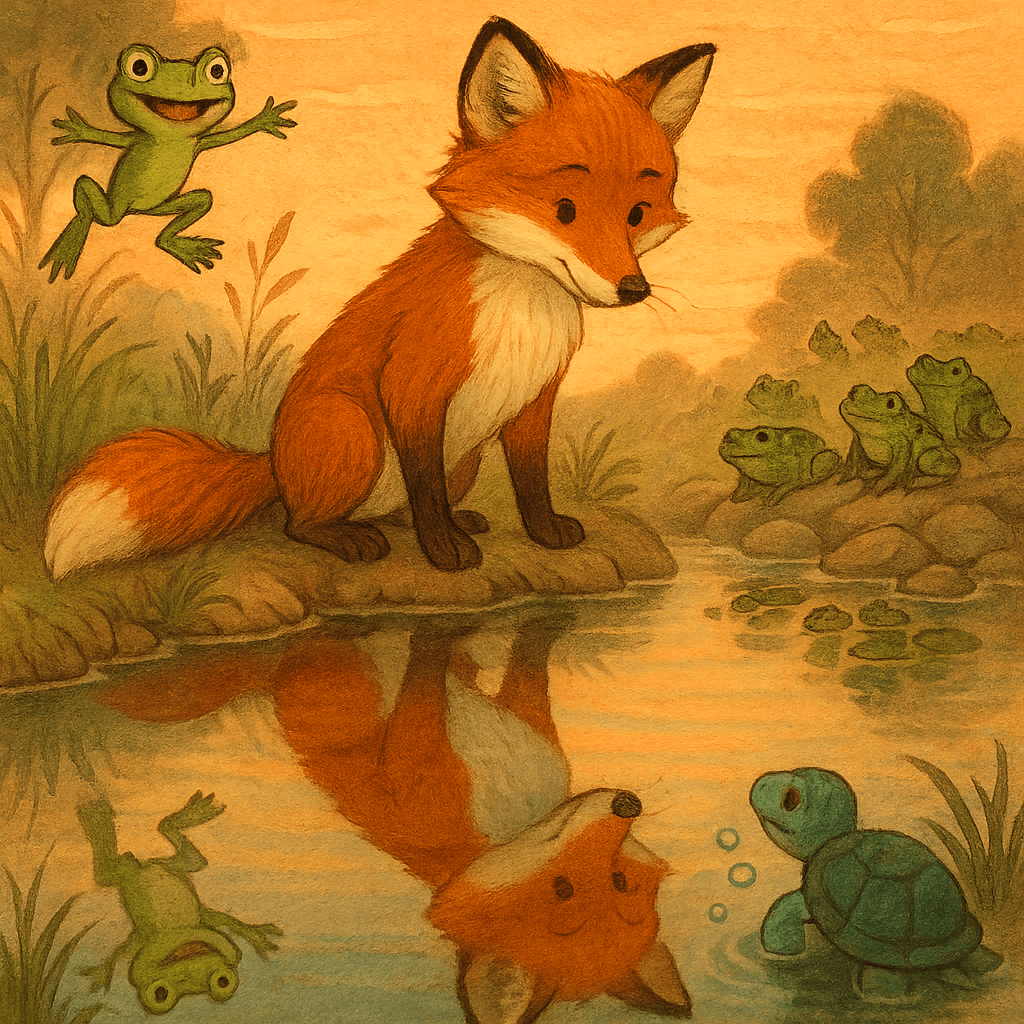 Лис заглядывает в воду, лягушки на берегу