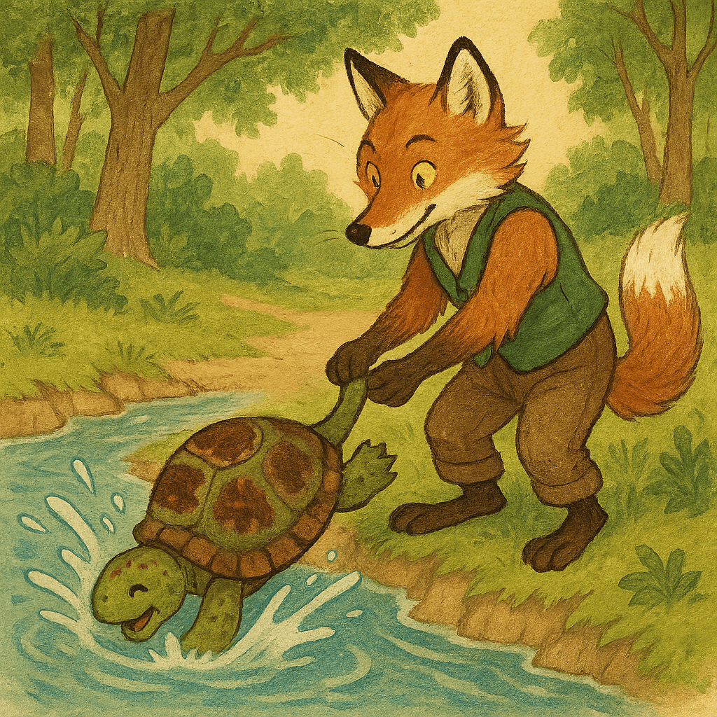 Братец Черепаха ныряет в ручей, Лис на берегу