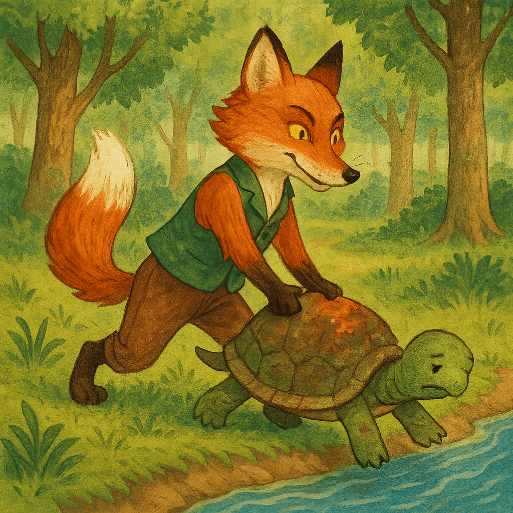 Лис тащит Черепаху к ручью