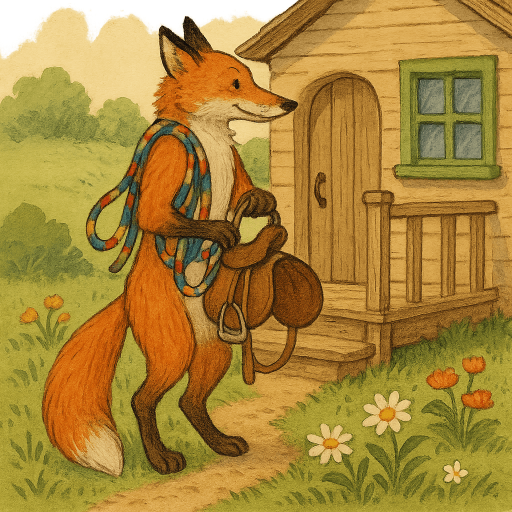 Братец Лис у дома Кролика с седлом и уздечкой