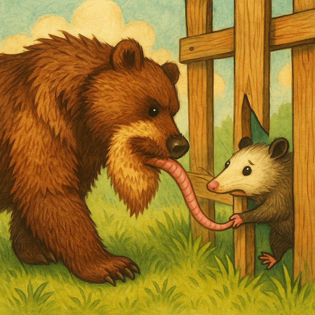 Братец Медведь держит Опоссума за хвост у забора, шерсть остаётся у Медведя в пасти