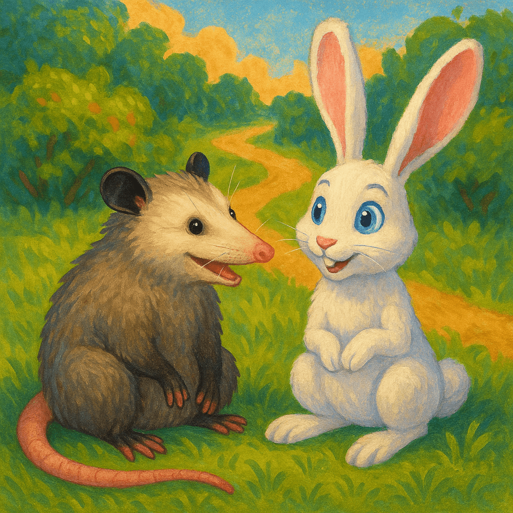 Братец Опоссум и братец Кролик сидят на траве у дороги и разговаривают