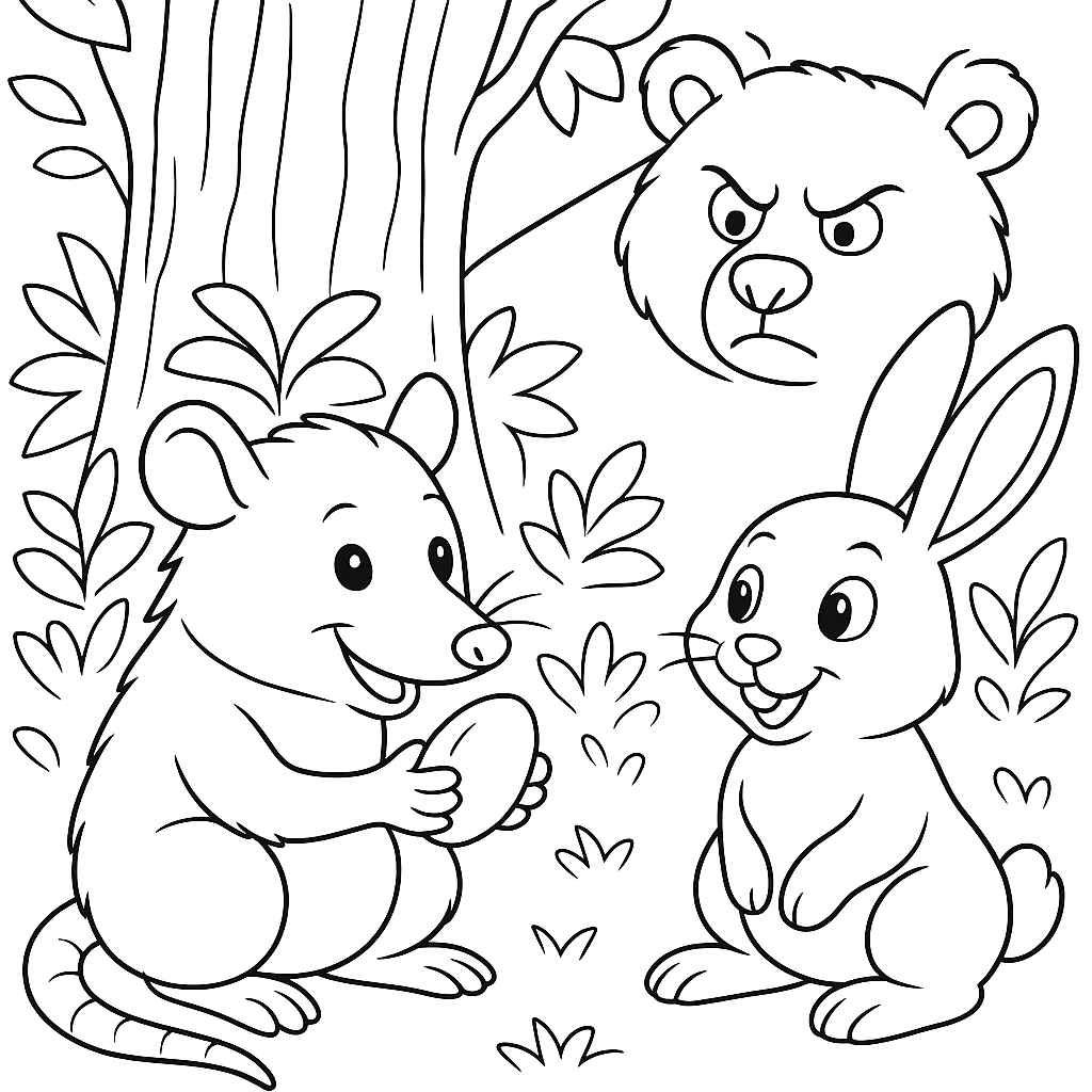 Раскраска по сказке "Почему у братца опоссума голый хвост"