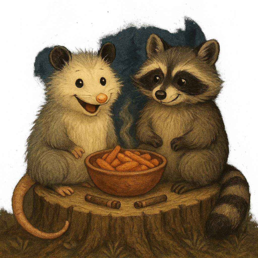 Братец Опоссум и Братец Енот сидят на пне, рядом миска с морковью и сигары
