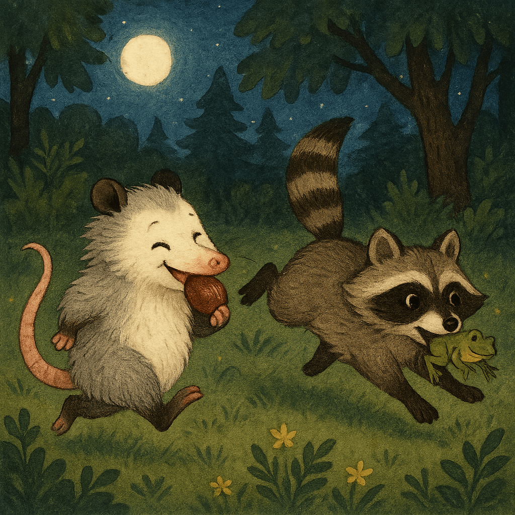 Братец Опоссум жуёт финик, Братец Енот держит лягушку, вокруг ночной лес