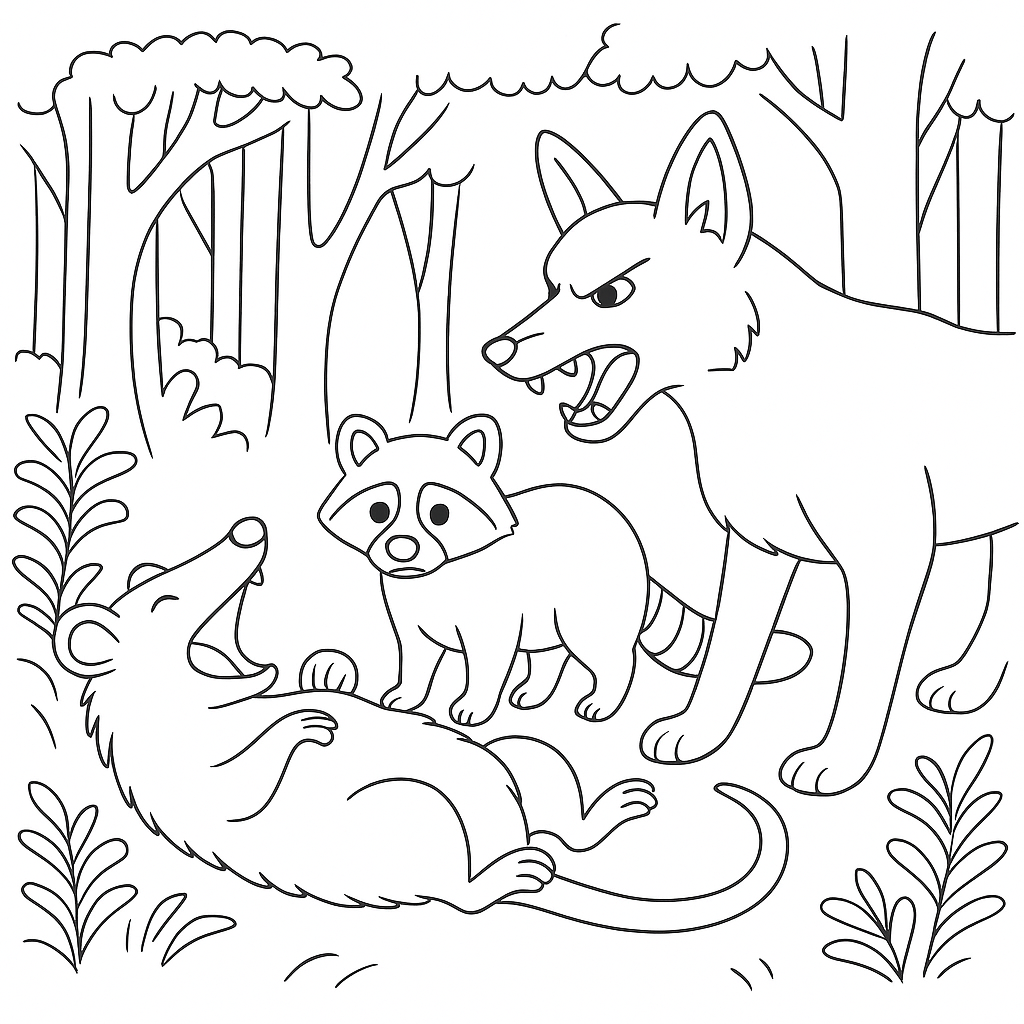 Раскраска по сказке "Храбрый братец опоссум"