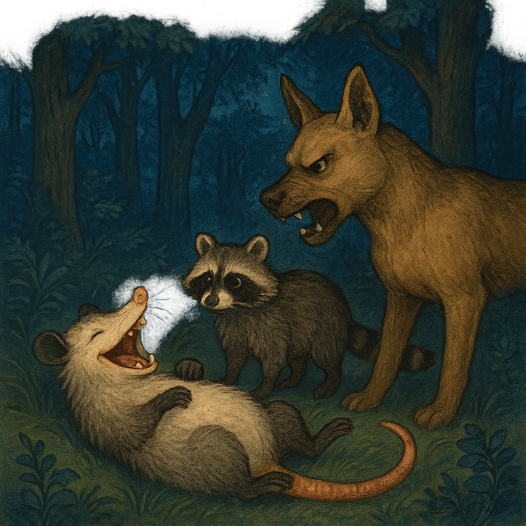 Братец Опоссум лежит на спине, а Братец Енот и собака рядом