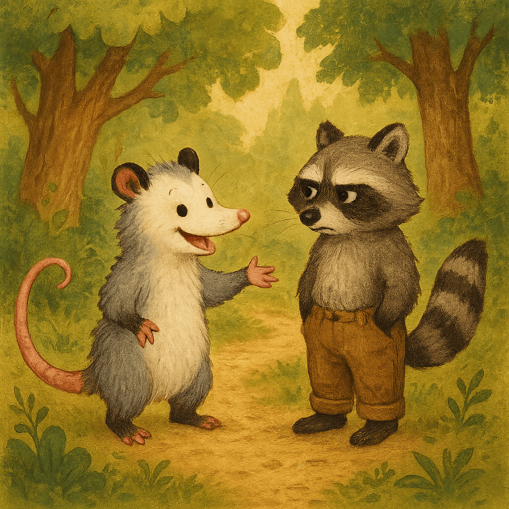 Братец Опоссум протягивает лапу, Братец Енот стоит хмурый с руками в карманах