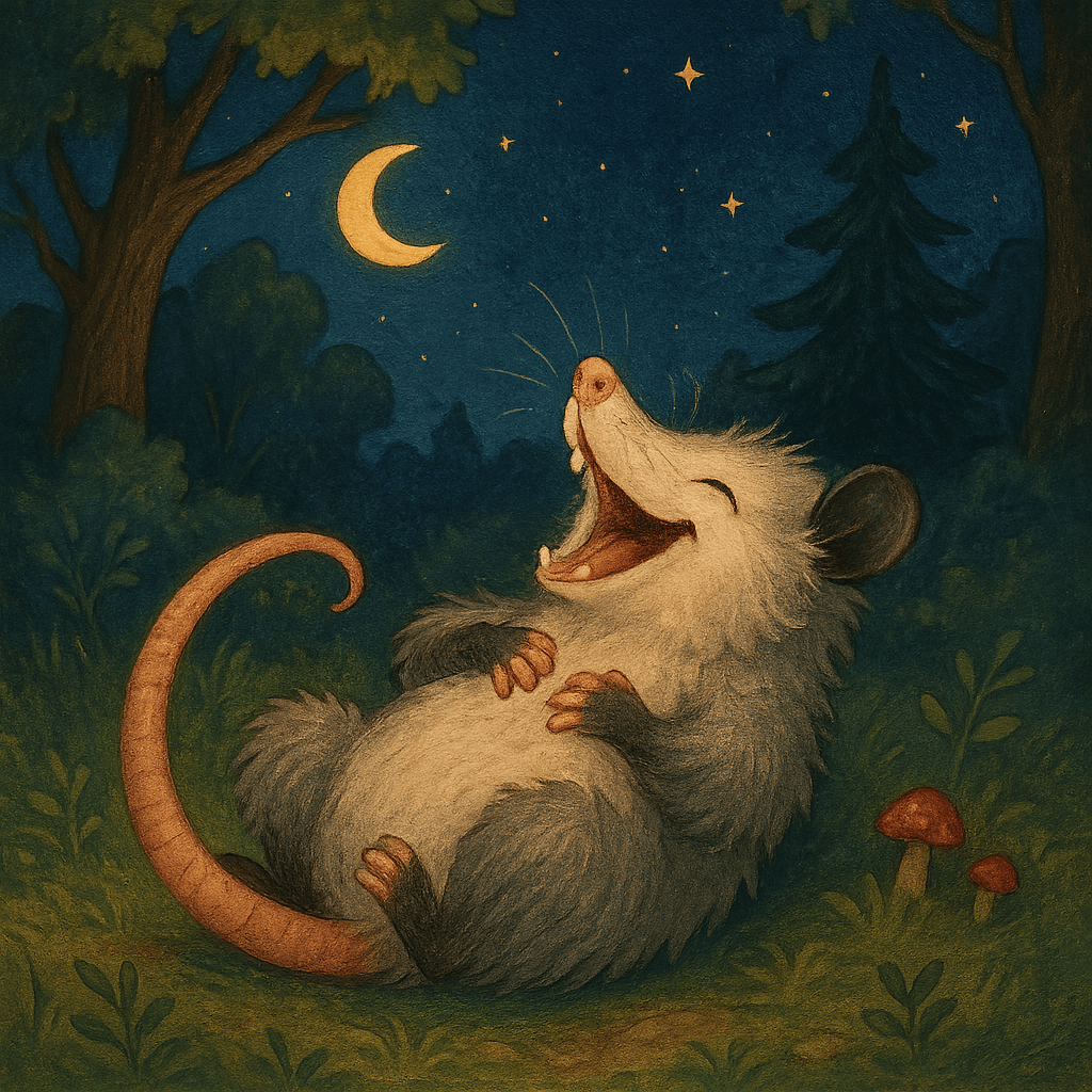 Братец Опоссум лежит на спине и хохочет до упаду