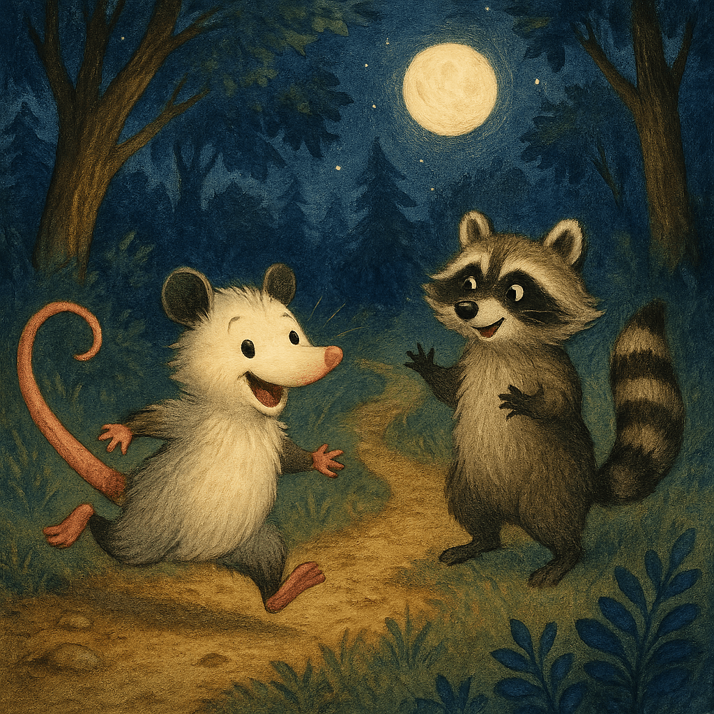 Братец Опоссум убегает вприпрыжку по лесной тропинке, Братец Енот встряхивается