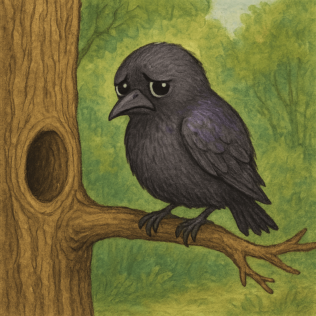 Грустный Братец Сарыч сидит на ветке у дупла в лесу