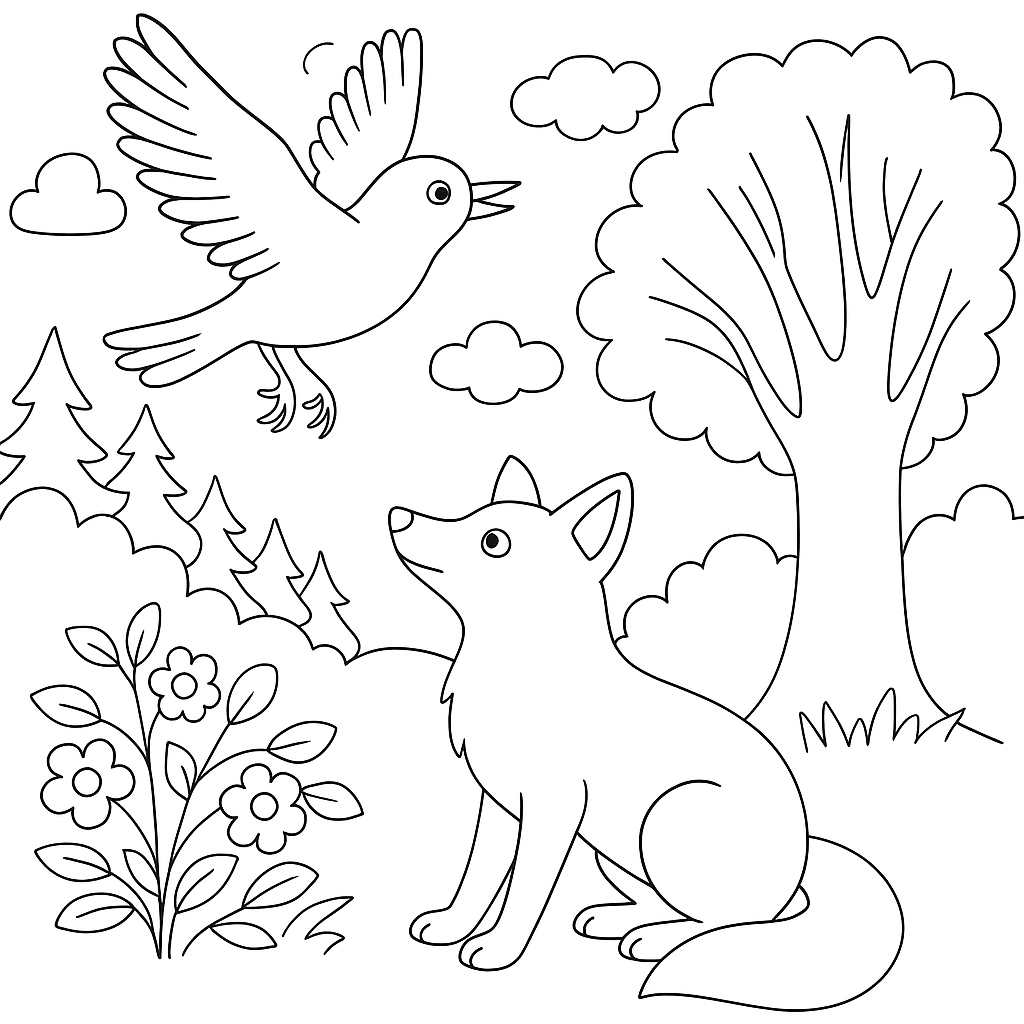 Раскраска по сказке "Как братец сарыч перехитрил братца лиса"