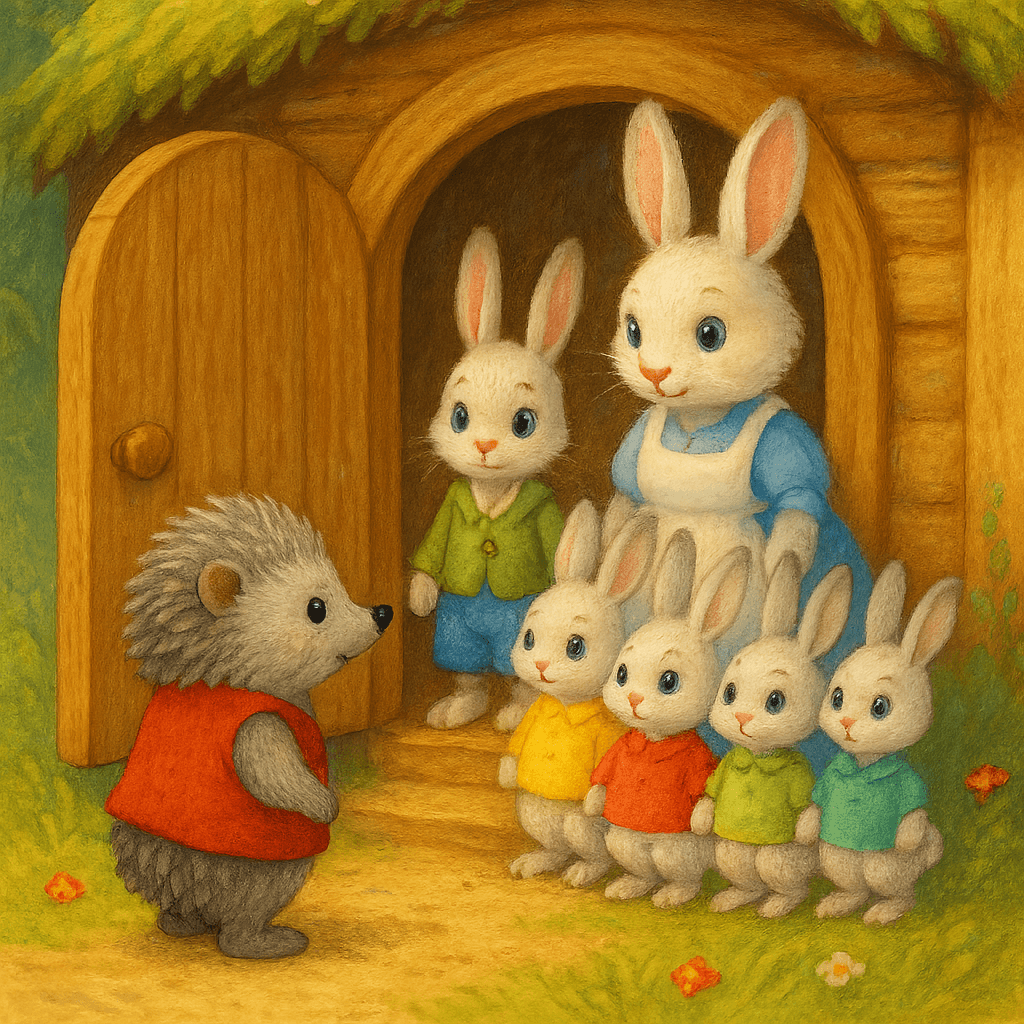 Братец Ёж передаёт новость кроличьей семье у дома