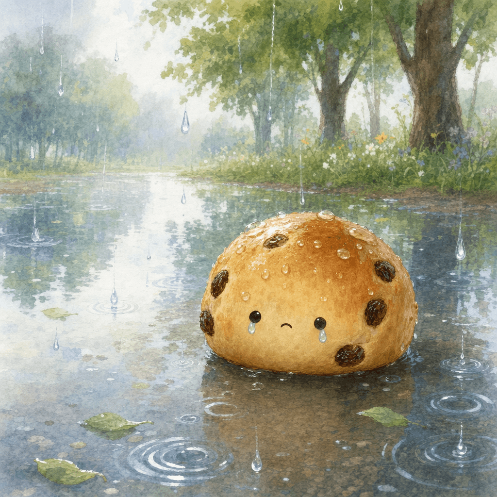Плачущая булочка с изюмом в луже после дождя.
