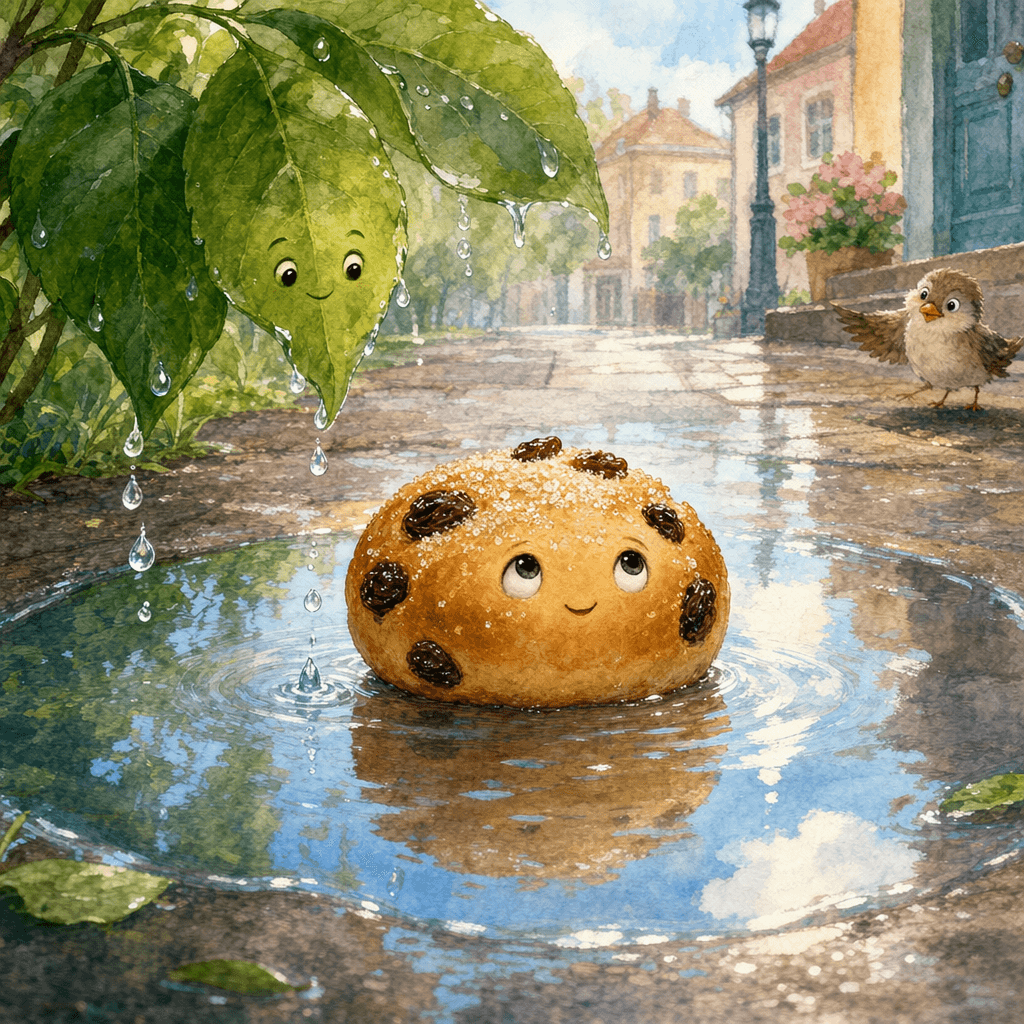 Булочка с изюмом лежит в луже, вокруг мокрый асфальт и капли.