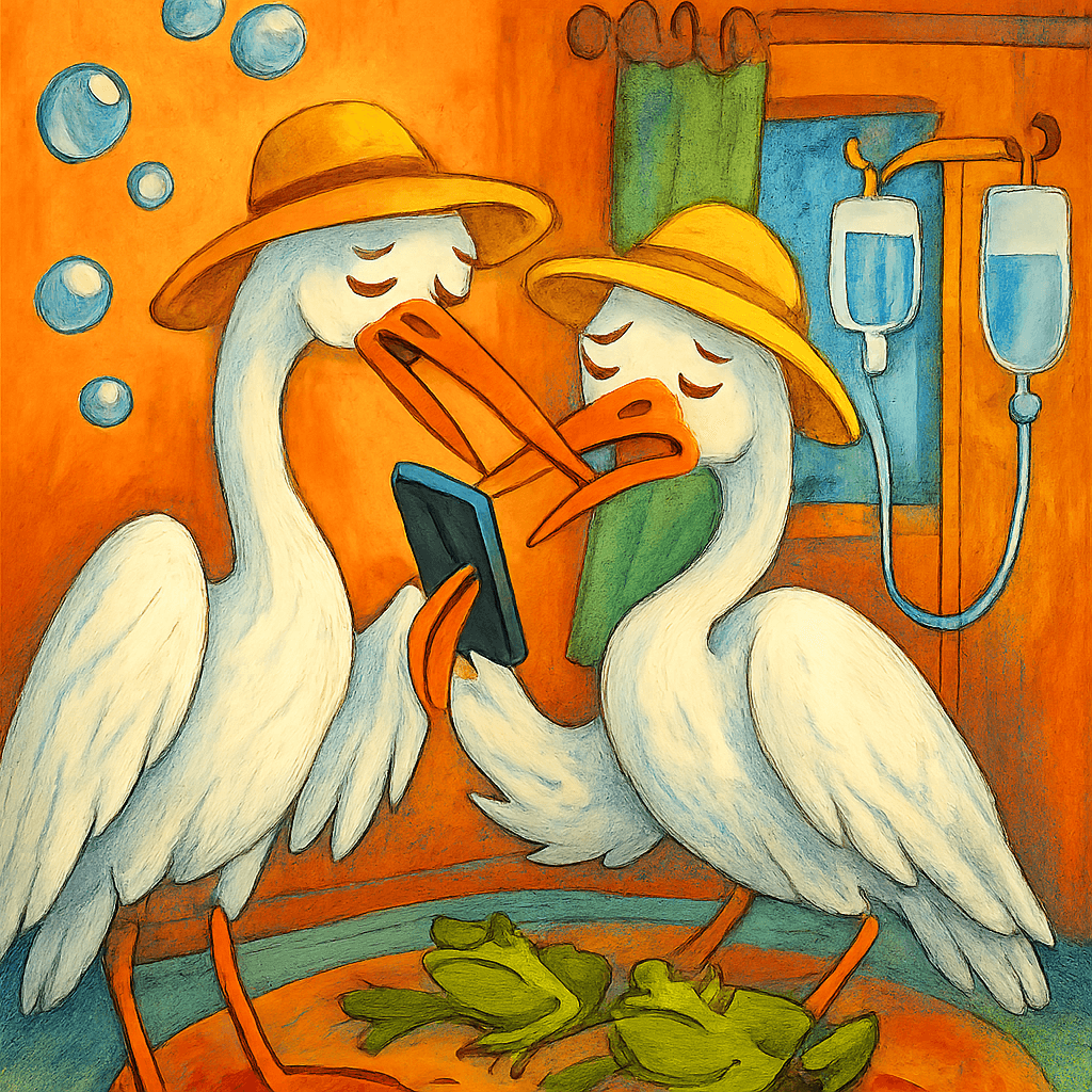 Цапли жалуются на боль в животе после лягушек.