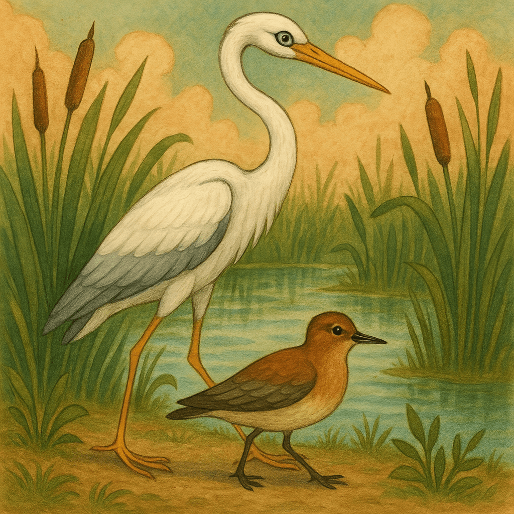 Цапля и кулик идут по болотной кромке