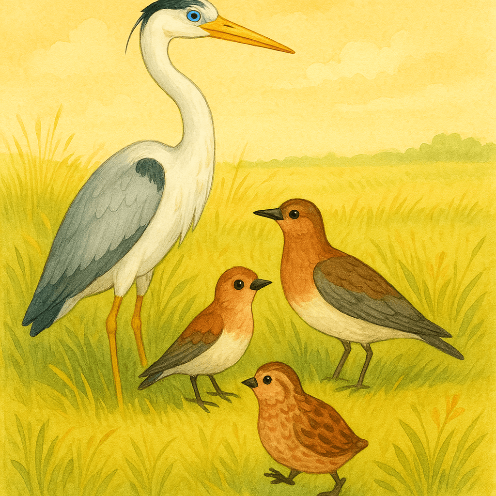 Цапля, кулик и перепёлка в поле