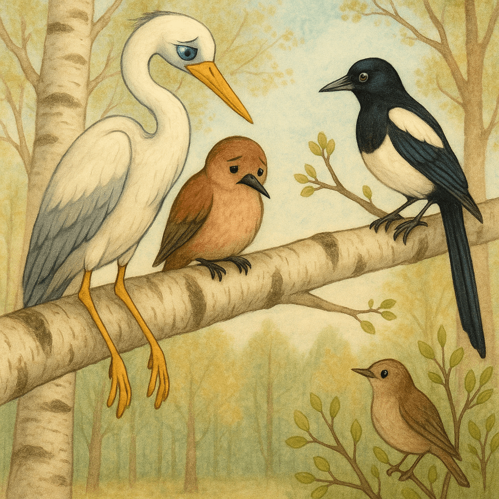 Цапля, кулик и сорока на сухой берёзе, соловей в кустах