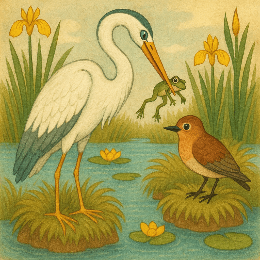 Цапля ловит лягушку, кулик рядом на болоте