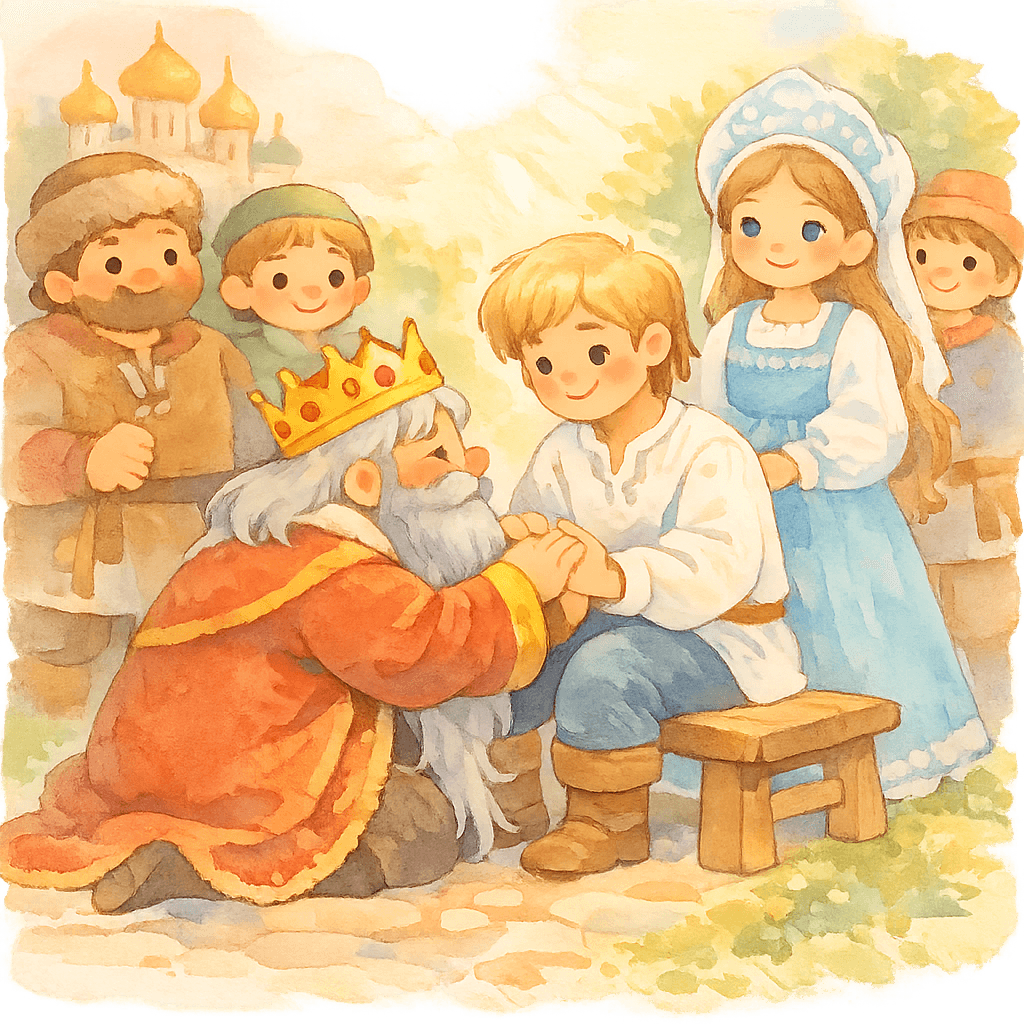 Царь умоляет младшего сына, рядом царевна и друзья