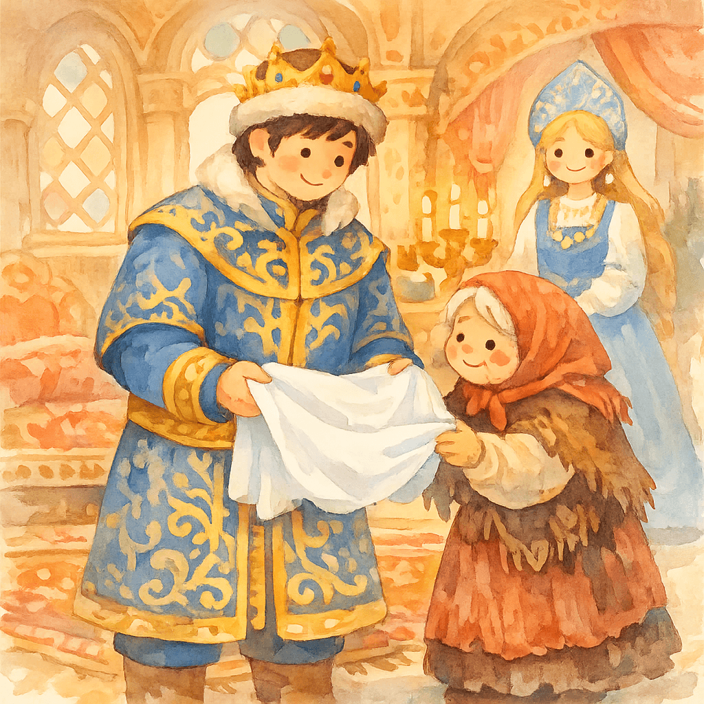 Царь принимает у старушки полотно, на заднем фоне Василиса