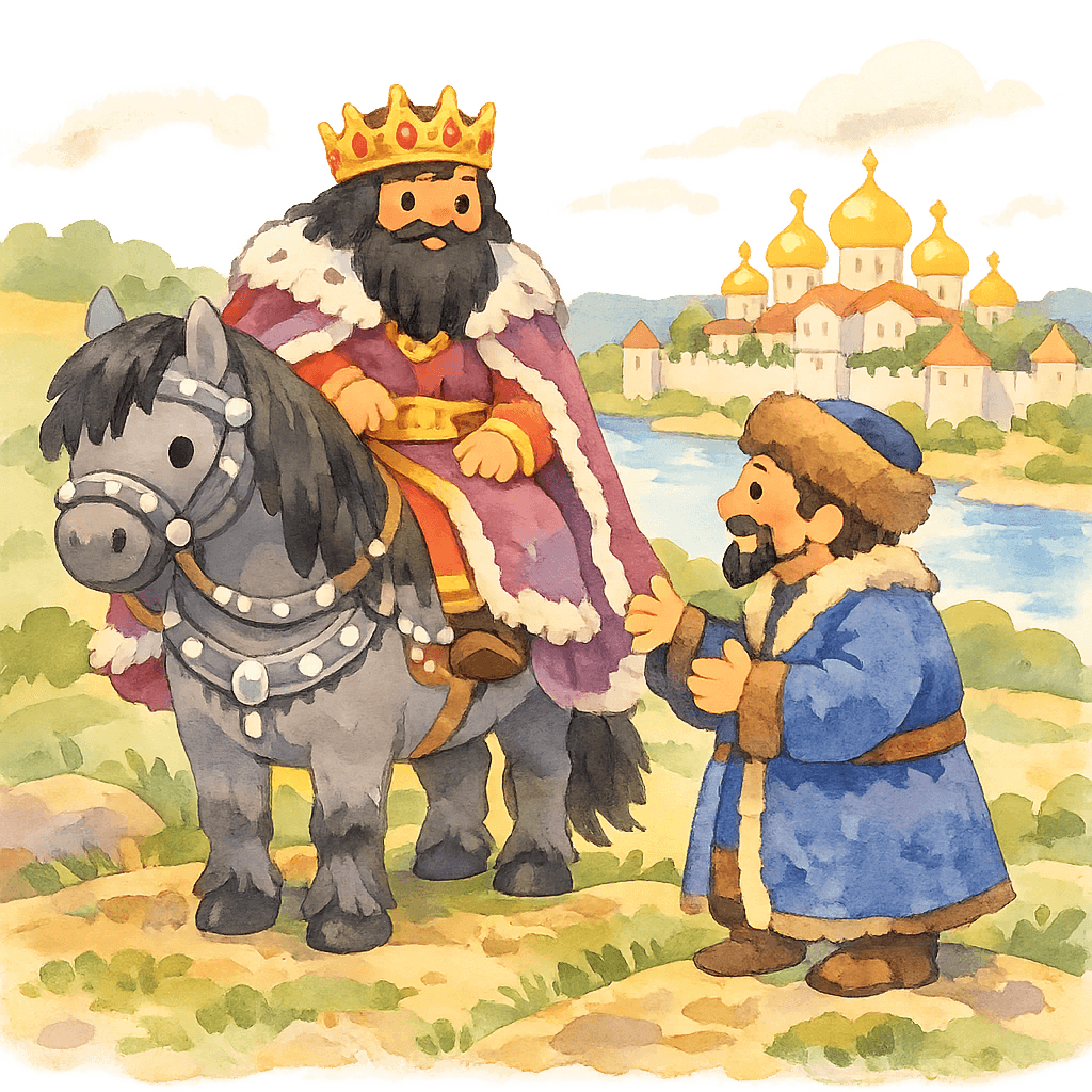 Царь Бахмет и мурза наблюдают за русским городом, видны золотые купола и белые стены