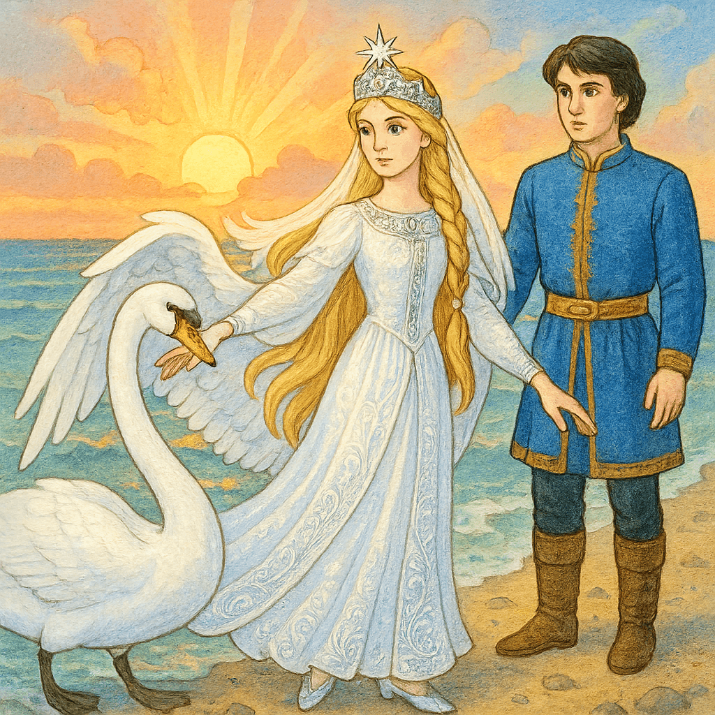 Царевна-Лебедь на глазах Гвидона превращается из лебедя в прекрасную девушку.