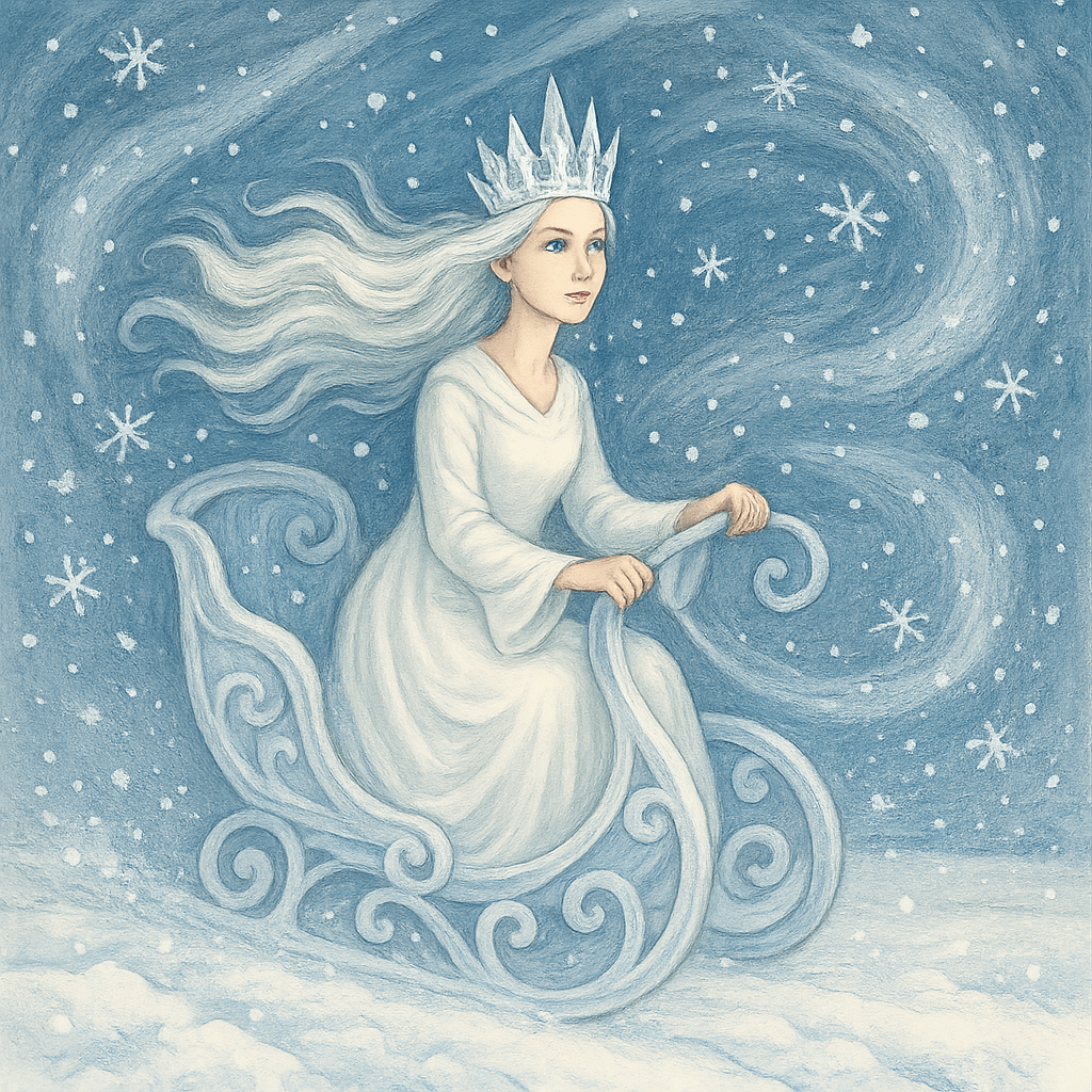 Царица снегов мчится в ледяной колеснице по заснеженному полю во время метели.