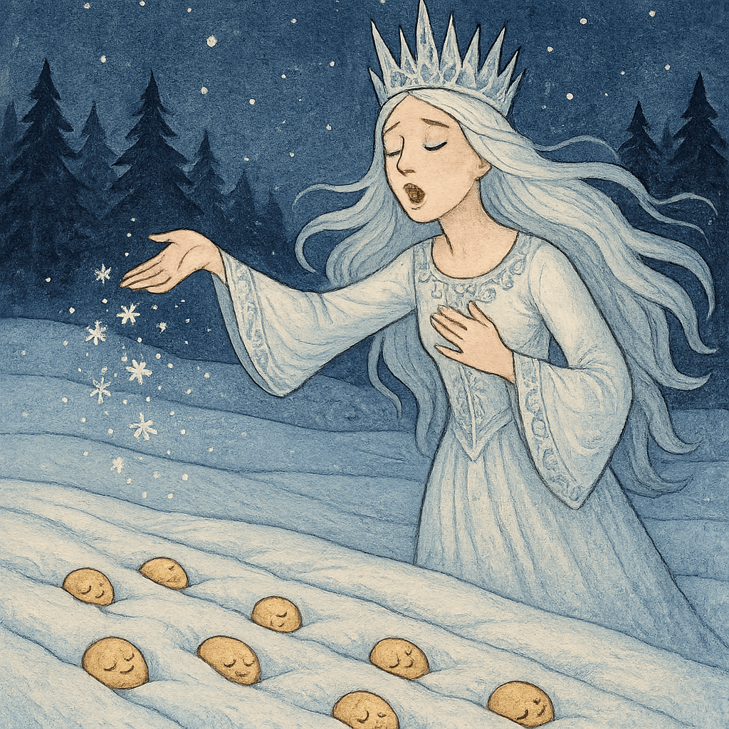 Царица снегов рассыпает снежинки и поёт над спящими зернышками.