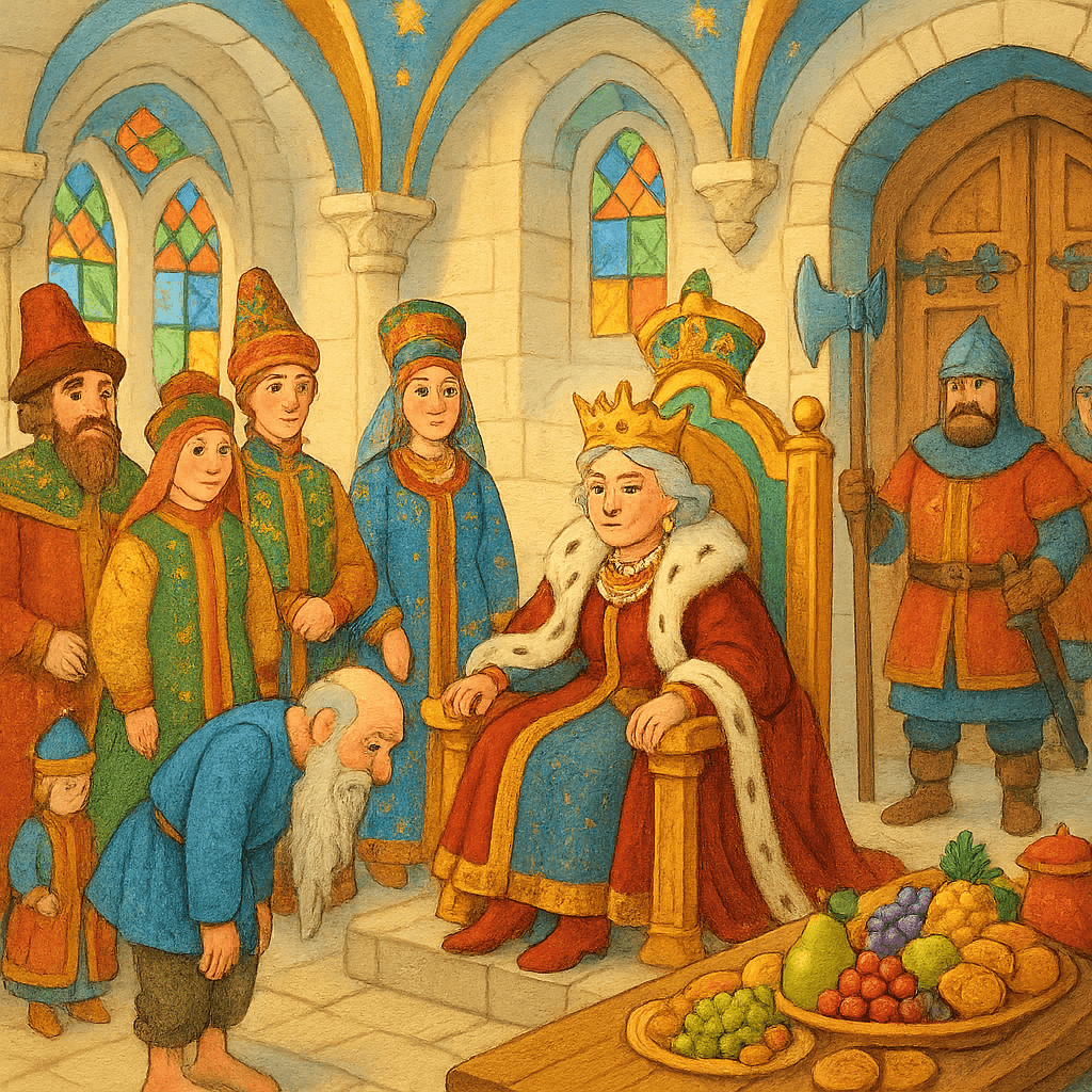 Старуха как царица в царских палатах, вокруг слуги и стража, старик ей кланяется.