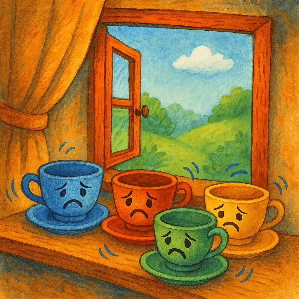 Чайные чашки с грустными лицами кричат у окна