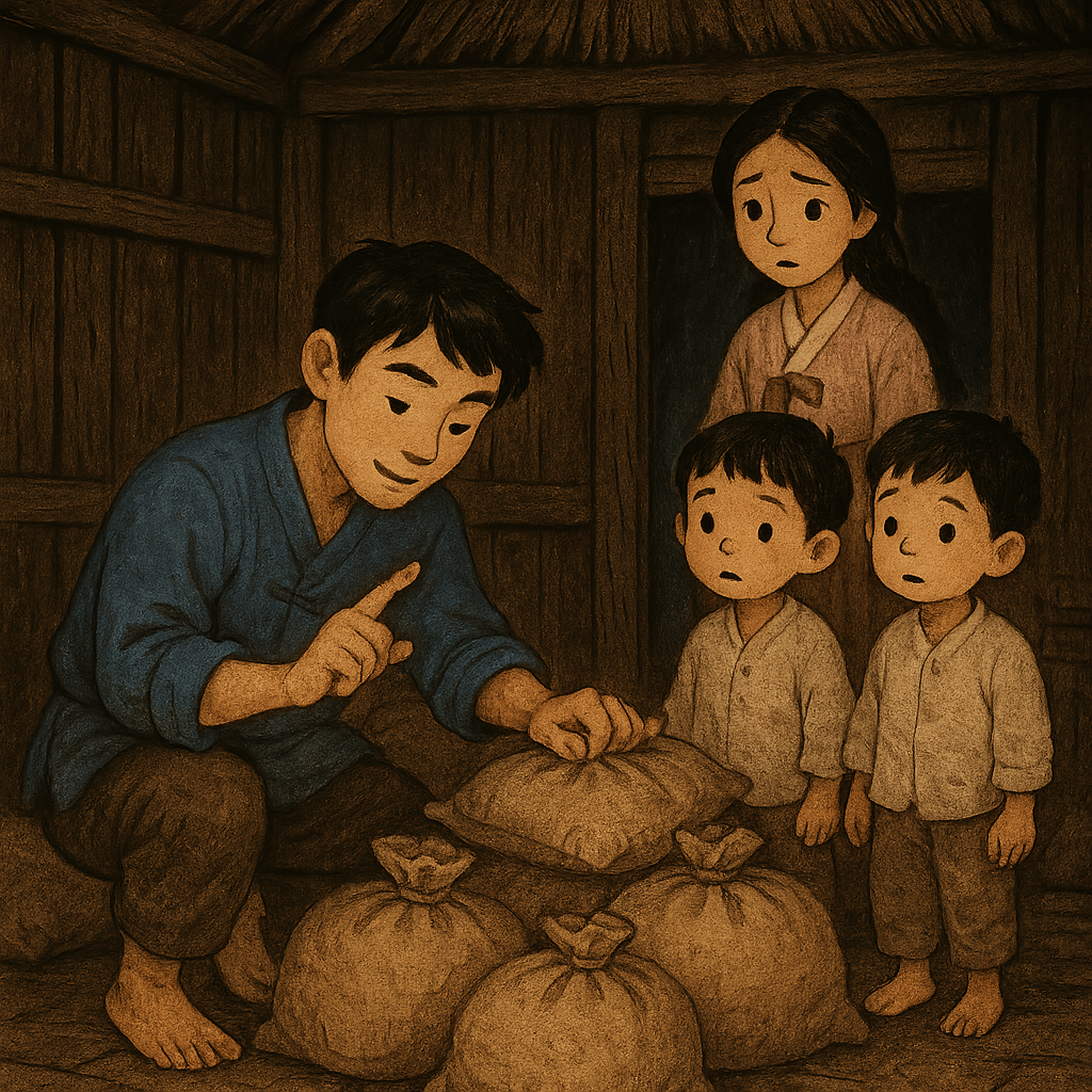 Чан Мо дома пересчитывает мешки с рисом, жена и дети рядом.