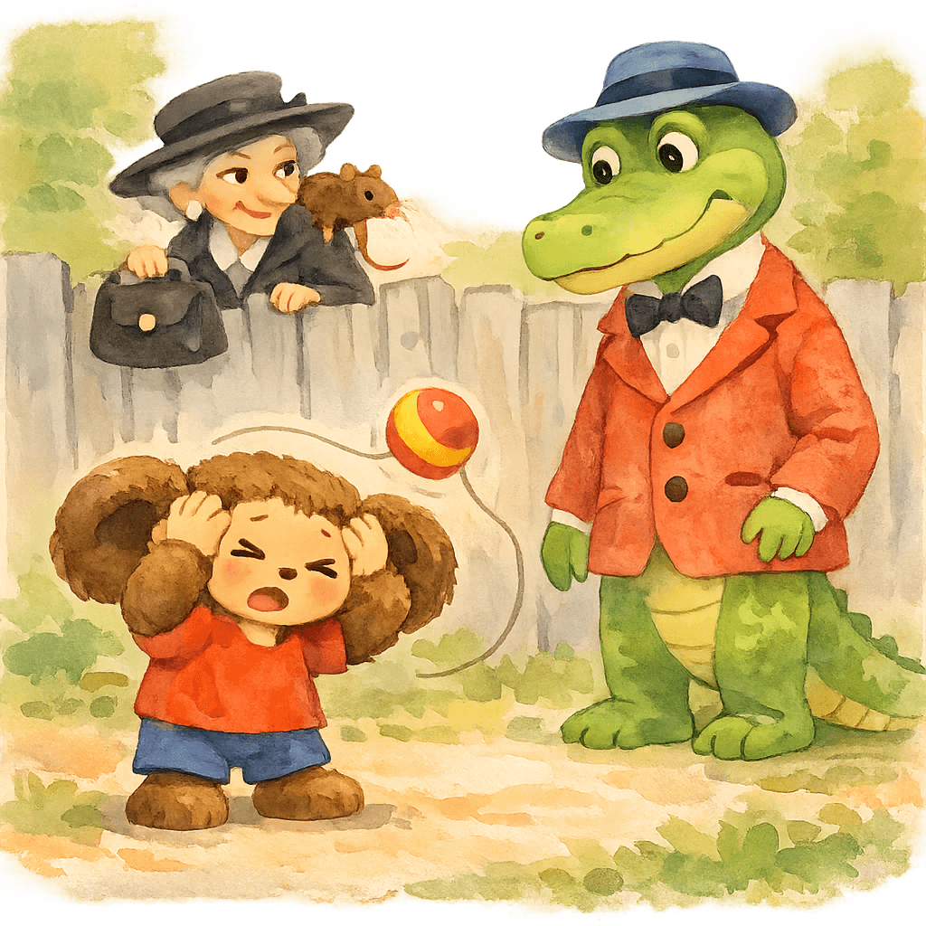 Мячик на резинке попадает в голову Чебурашки, рядом Гена, за забором Шапокляк и крыса Лариска