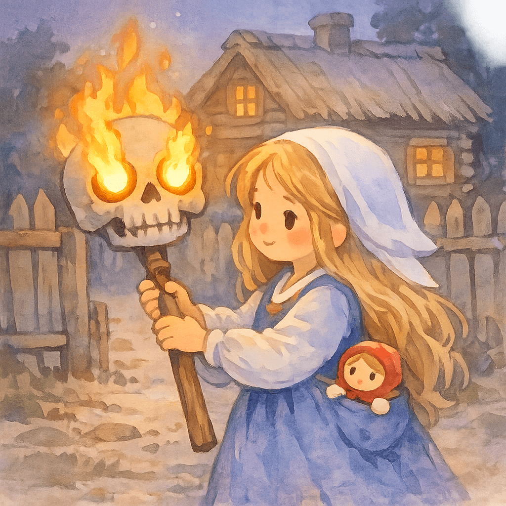 Василиса уносит череп с горящими глазами через тёмную улицу