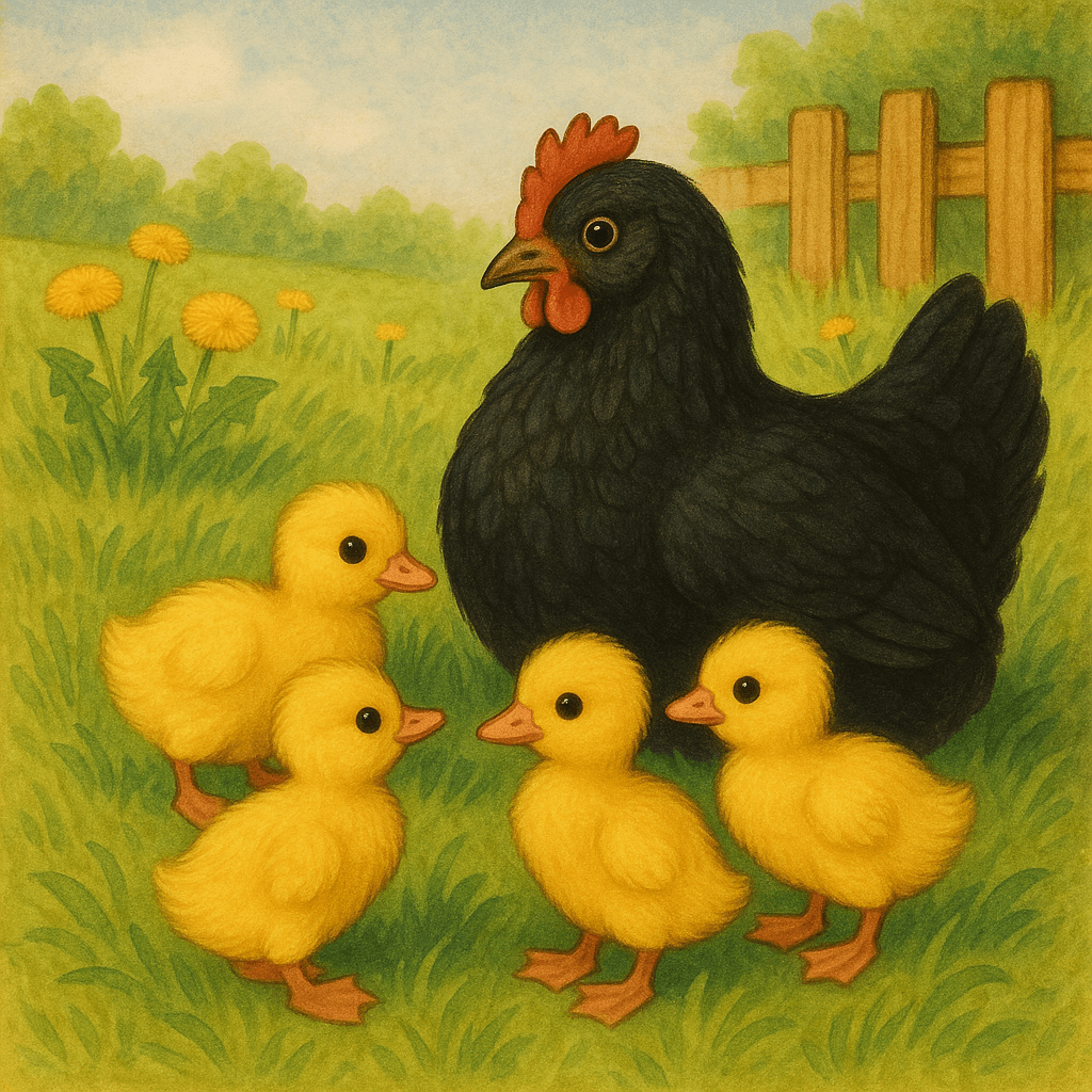 Курица с гусёнком на дворе среди одуванчиков