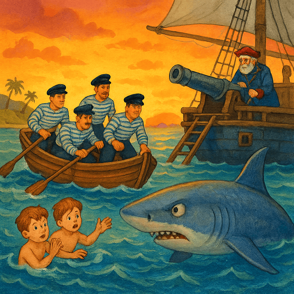 Матросы в шлюпке мчатся к мальчикам, вокруг которых уже видна акула. Артиллерист готовится к выстрелу с палубы.