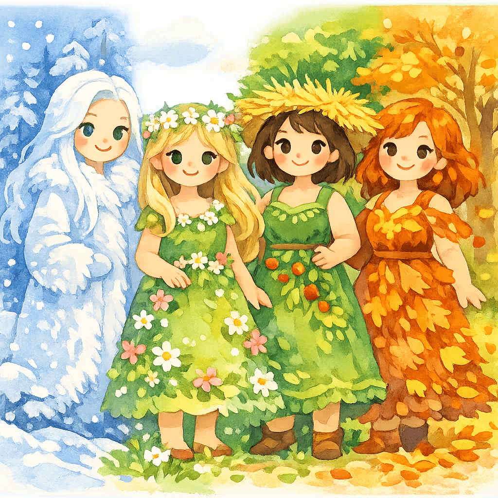 Четыре сестрицы стоят вместе, фон разделён на четыре времени года.