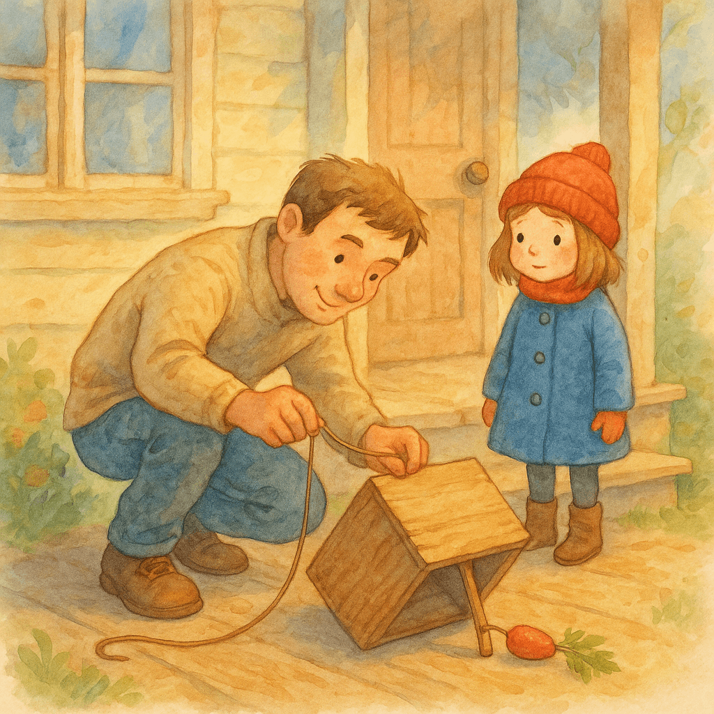 Папа делает западню: ящик, лучинка и морковка (рисованная акварельная иллюстрация)