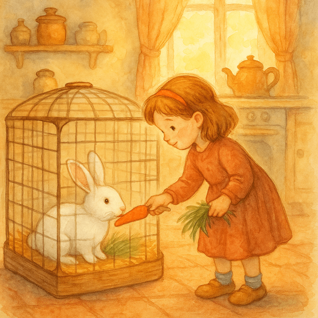 Катя ухаживает за кроликом в большой клетке: морковка, сено, овёс и сухари (рисованная акварельная иллюстрация)