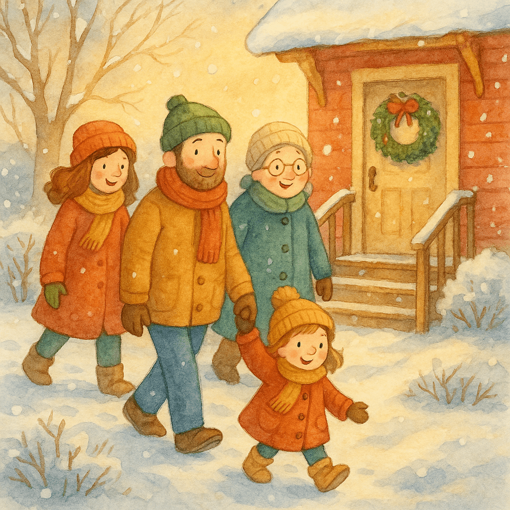 Вся семья идёт к западне на крыльце (рисованная акварельная иллюстрация)