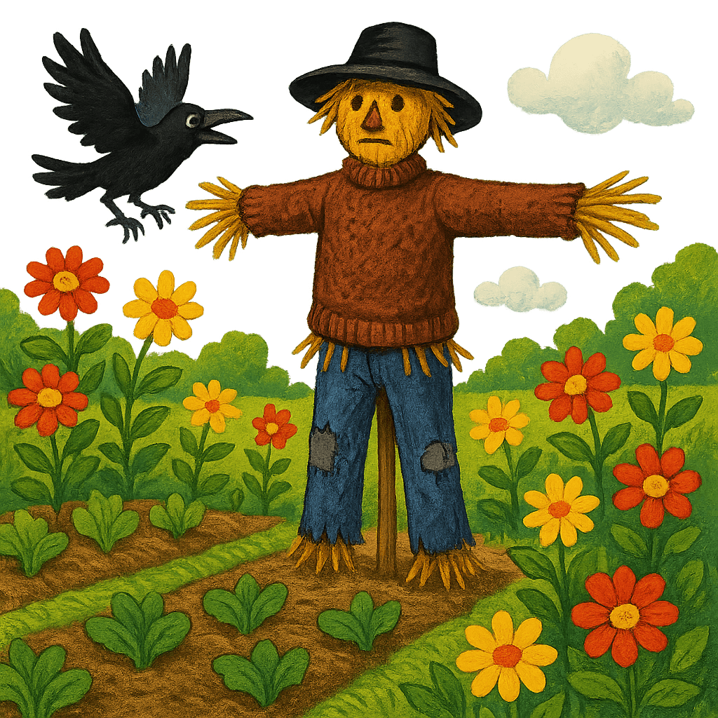 Чучело стоит на огороде и охраняет его от ворон.