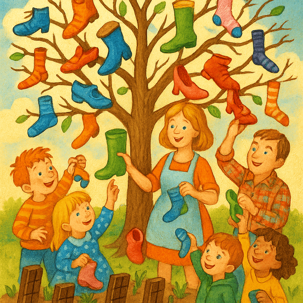 Дети и родители собирают обувь с чудо-дерева, на грядке шоколадки.